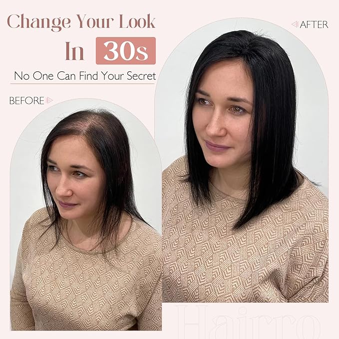 Hairro 100% Human Hair Topper No Bangs, Real Clip in Hair Hairpieces for Women, 3.94x4.72" Silk Base for Thinning Receding High Hairline, 12 Inch Dark Brown Middle Part