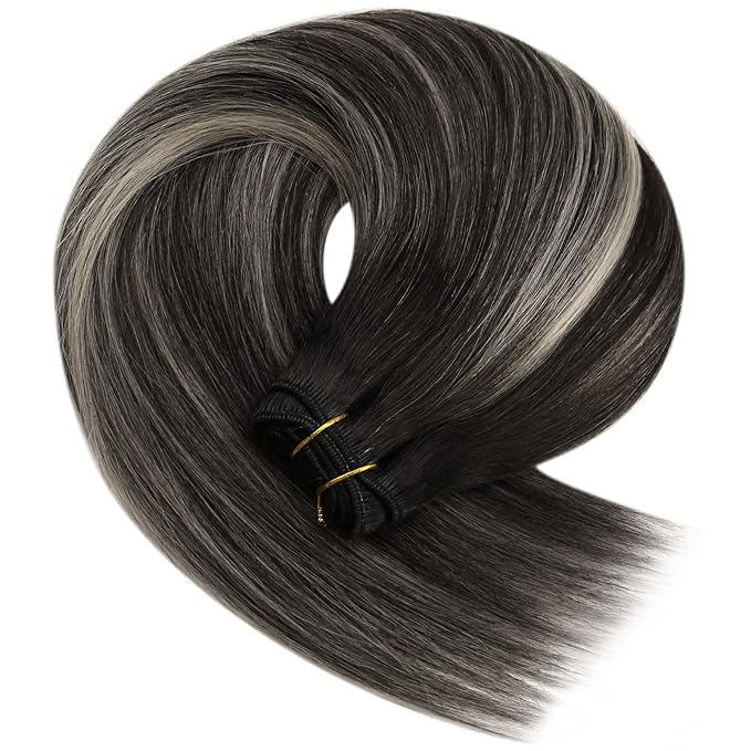 YoungSee Weft Hair Extensions Black Balayage Sew in Hair Extensions Real Human Hair Natural Black and Silver Balayage Human Hair Weft Extensions for Short Hair 70G 14Inch