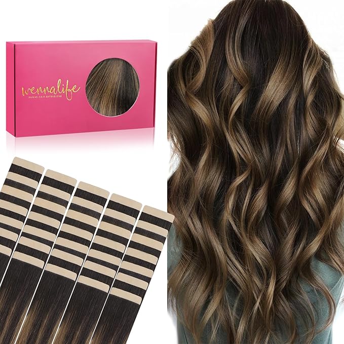 WENNALIFE Tape in Hair Extensions Human Hair, 40pcs 120g 26 inch Balayage Dark Brown Mixed Chestnut Brown Hair Extensions Real Human Hair Straight Tape in Extensions Invisible Human Hair Extensions