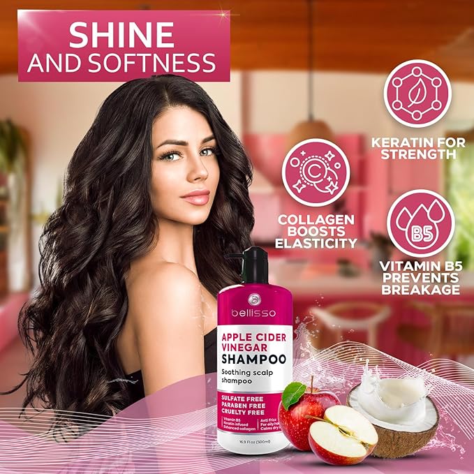 Apple Cider Vinegar Shampoo - Sulfate Paraben and Silicon Free Anti Dandruff Product for Women and Men - Deeply Moisturizing Formula - Dry Scalp Treatment for Oily Hair – Professional Grade Products