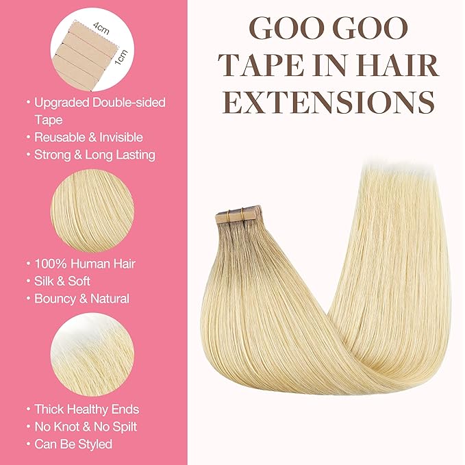 GOO GOO Tape in Hair Extensions Human Hair, R7/60F Rooted Ash Blonde with Frosted Highlights, 18inch 50g 20pcs, Skin Weft Seamless Invisible, Silky Straight with Thick Ends, Remy Human Hair