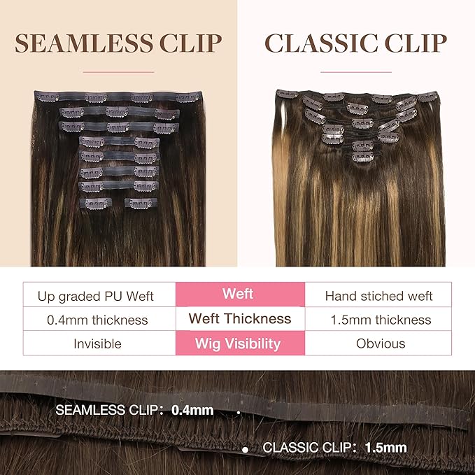 GOO GOO Clip in Hair Extensions Real Human Hair, Remy Human Hair Extensions Clip ins for Women, Natural Human Hair, 14inch 150g 9Pcs, #4/27/4 Balayage Chocolate Brown to Caramel Blonde