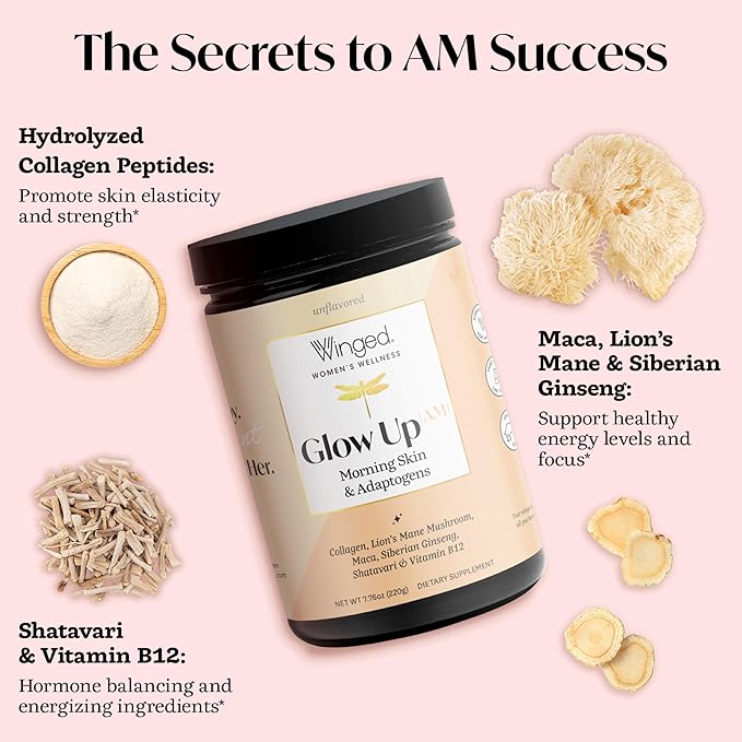 Winged Wellness Glow Up AM, Collagen Powder for Women - Morning Beauty Supplement for Glowing Skin with Grass-Fed Hydrolyzed Collagen Peptides, Lion's Mane & Maca Root - 21 Servings, Unflavored
