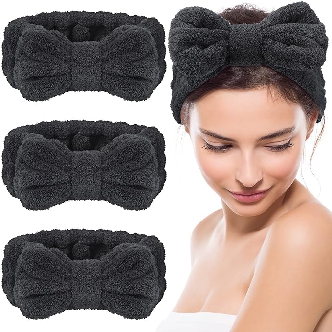 Hicarer 3 Pieces Towel Headbands for Women Makeup Spa Headband for Washing Face Shower (Black)