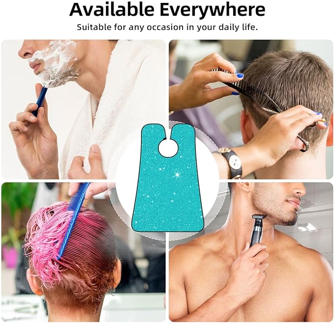 Stretchable Beard Cape, Non-Stick Hair Catcher for Trimming, Waterproof Grooming Apron, Teal Blue Glitter Sparkle Texture