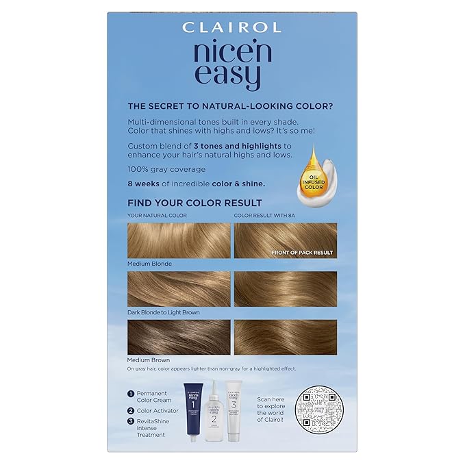 Clairol Nice'n Easy Permanent Hair Dye, 8A Medium Ash Blonde Hair Color, Pack of 1