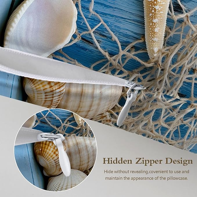 1 Pack Satin Pillowcase for Hair and Skin Sea Beach Starfish Fishing Net Imitation Silk Pillowcase with Hidden Zipper Soft Breathable Pillow Cover Standard Size for Bedroom Sofa 20”x26”