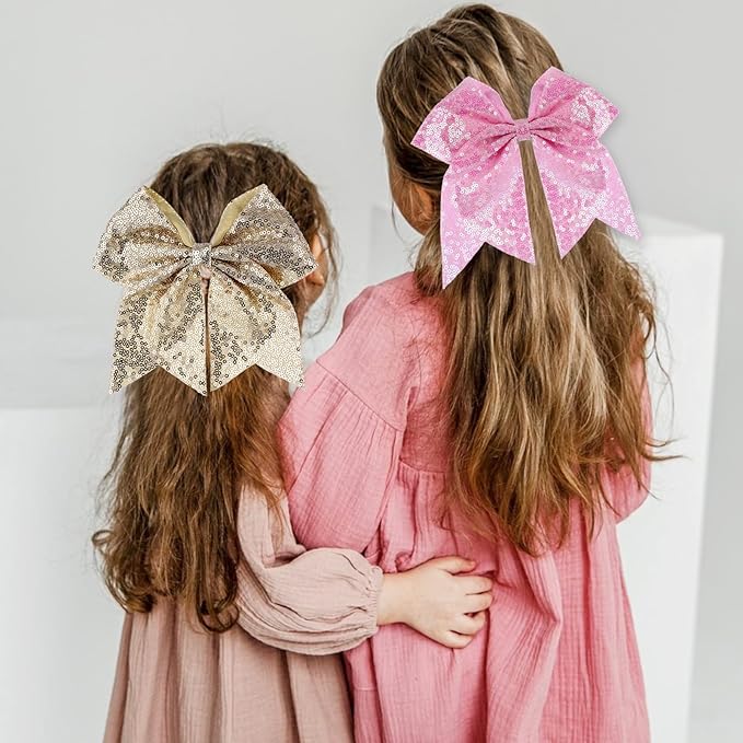 Large Glitter Cheer Bows Clips, Jumbo Big 7 Inch Cheerleading Sequin Hair Bow Hair Accessories for Teens Girls Football Sports Cheerleader Outfit Uniform (Pink)