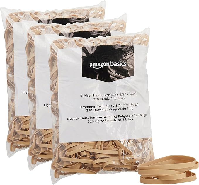 Amazon Basics Rubber Bands, Size 64 (1/4"), 320 Bands/1 lb Pack, 3-Pack, Tan