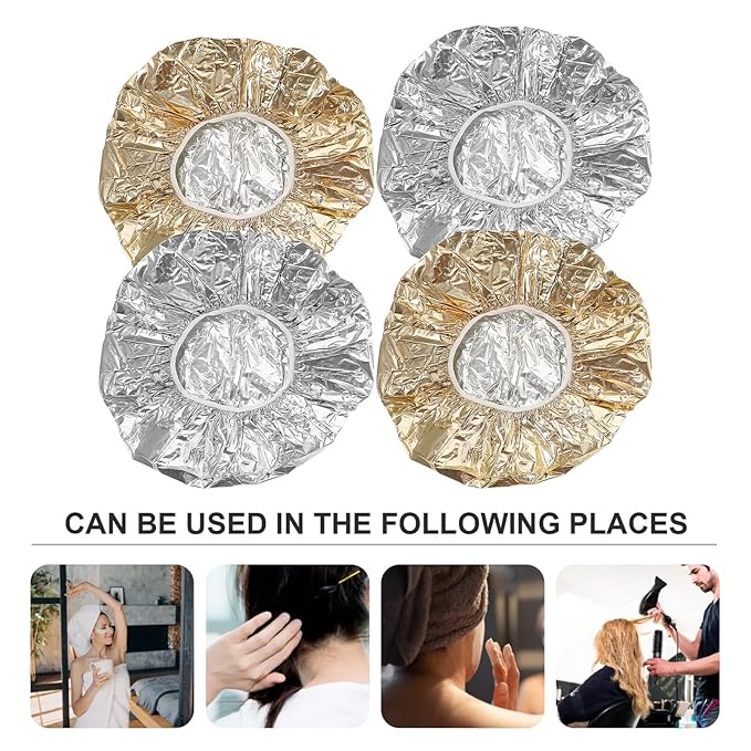 4pcs Hair Coloring Tin Foil Caps with Elastic Band Deep Conditioning Heat Insulation Hats for Salon and Home Use Reusable Aluminum Foil Hair Treatment Caps for Coloring Perms and