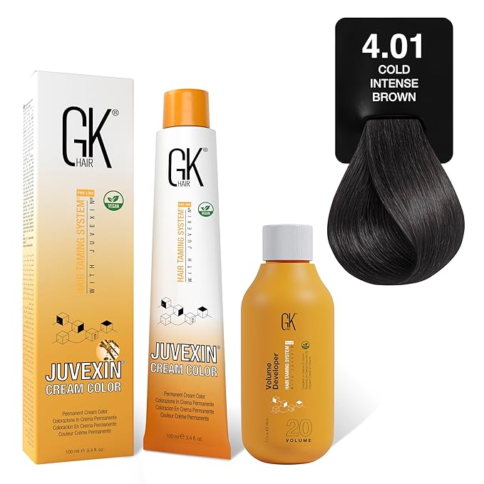 GK HAIR Global Keratin Cold Naturals 4.01 Cold Intense Brown Hair Color Cream Tube (3.4 Fl Oz/100ml) + 20 Volume Developer (5 Fl Oz/150ml) - Professional Permanent Long Lasting Toner Dye