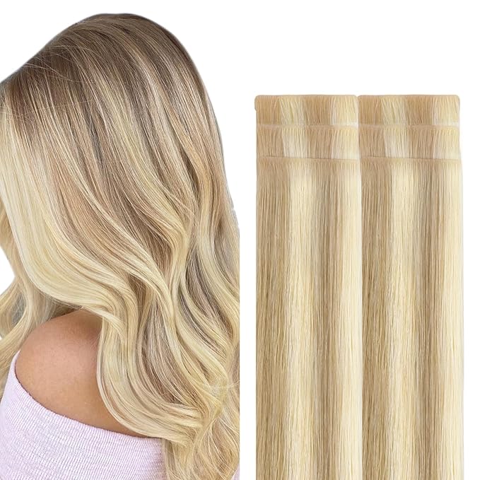 GOO GOO Invisi Edge Tape in Hair Extensions Human Hair, 18A/613A Dark Blonde Highlighted Bleach Blonde, 6pcs 20inch 18g, Virgin Remy Hair, Seamless Injected Tape, Natural Look