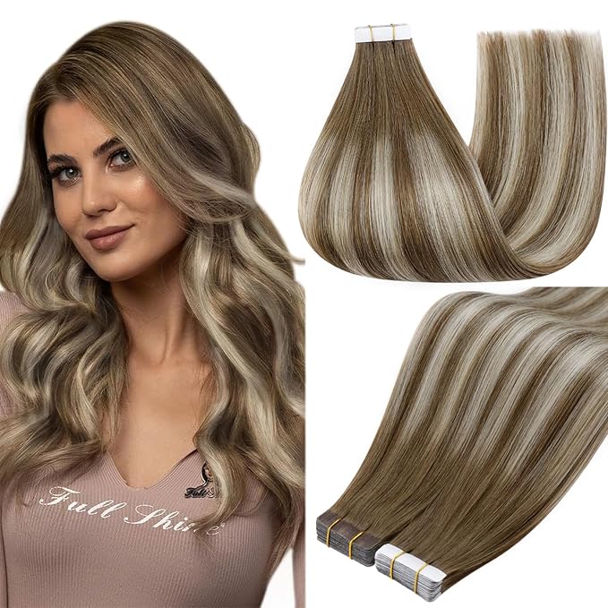Full Shine Blonde Tape ins Human Hair Extensions Color 6 Chestnut Brown Ombre 60 Blonde And 6 Seamless Soft Skin Weft Hair Extensions Tape in 16Inch Silky Straight 50Gram 20Pcs Remy Tapes ins