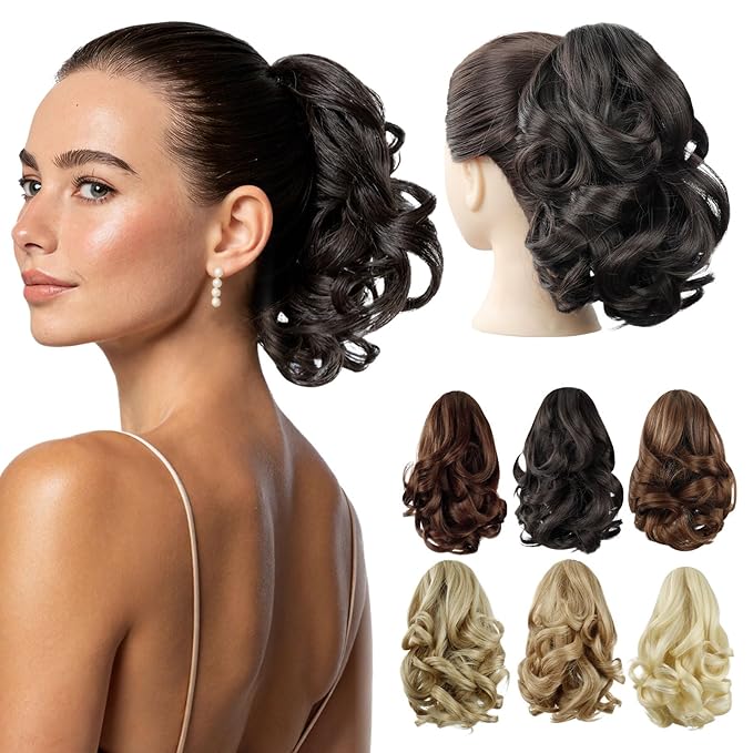 Black Ponytail Extension,9" Short Curly Wavy Claw Clip Pony tails Hair Extensions Natural Soft Synthetic Hairpiece for Women - Black Brown