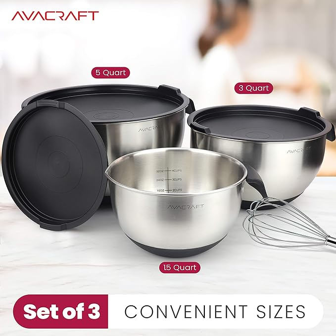 AVACRAFT 18/10 Stainless Steel Mixing Bowls with Lids, non slip silicone base bowls with Handle, Mixing Bowl Set with Pour Spouts & Measurement Marks, Home Essentials Cooking Bowls, (Black)