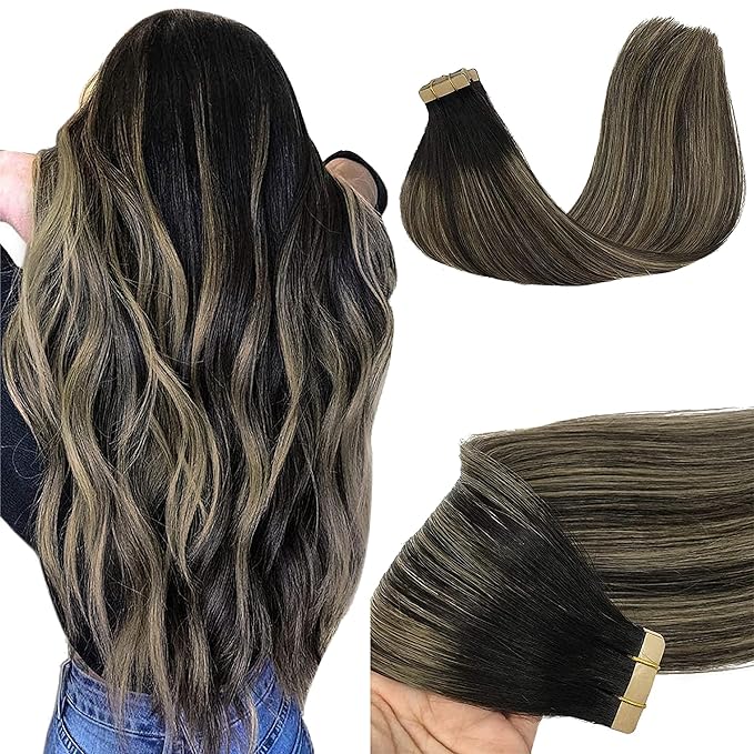 GOO GOO Tape in Hair Extensions Human Hair, 1B/19/1B Natural Black to Light Blonde, 22inch 50g 20pcs, Skin Weft Seamless Invisible, Silky Straight with Thick Ends, Remy Human Hair