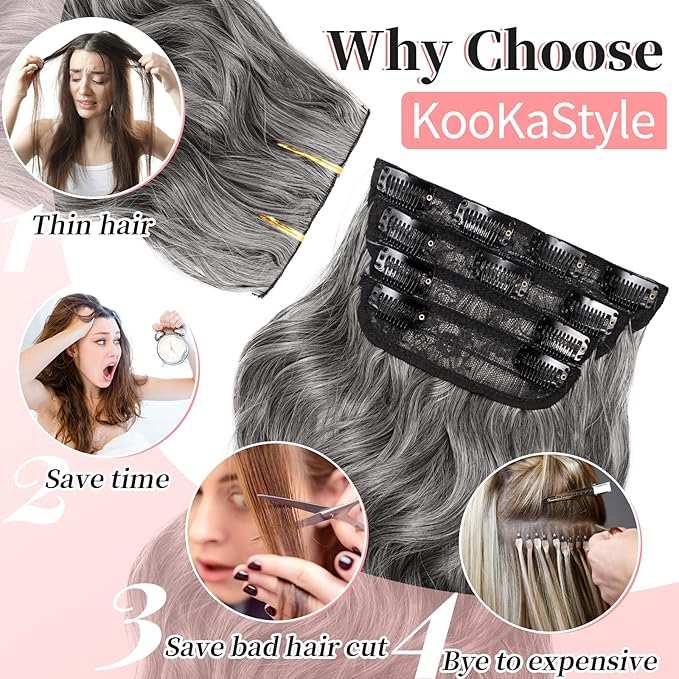 KooKaStyle Clip in Synthetic Hair Extensions Long Wavy 4PCS Thick Hairpieces Grey Sliver Mixed Fiber Double Weft Natural Hair Extensions 20 Inch for Women