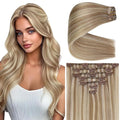 Ve Sunny Clip in Human Hair Extensions Highlights Clip in Hair Extensions Dark Ash Blonde Highlights Light Blonde Real Hair Extensions Clip in Human Hair for Thin Hair Daily Use 7pcs 16inch 120g
