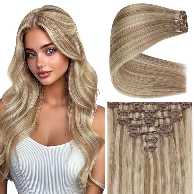 Ve Sunny Clip in Human Hair Extensions Highlights Clip in Hair Extensions Dark Ash Blonde Highlights Light Blonde Real Hair Extensions Clip in Human Hair for Thin Hair Daily Use 7pcs 16inch 120g