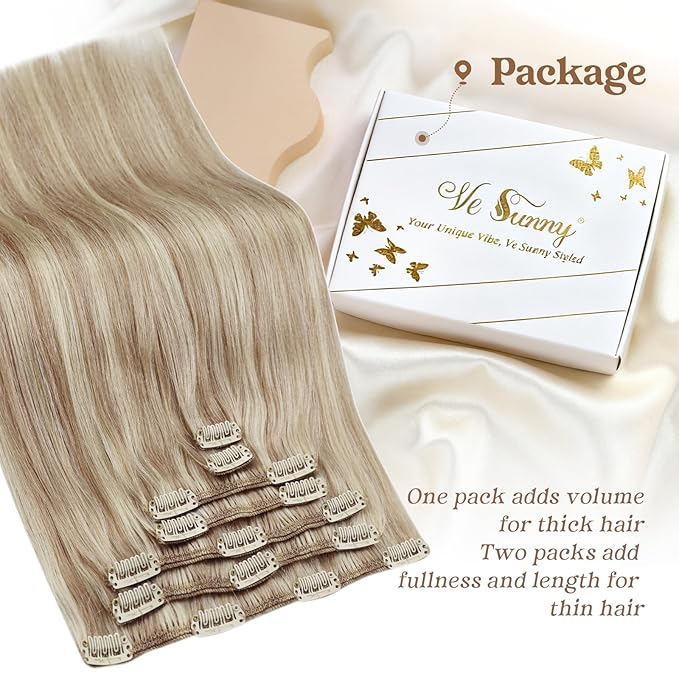 Ve Sunny Real Hair Extensions Clip in Human Hair Full Head Remy Blonde Hair Extensions Clip in Highlight Extension for Women Warm Color 7pcs 120g 18inch