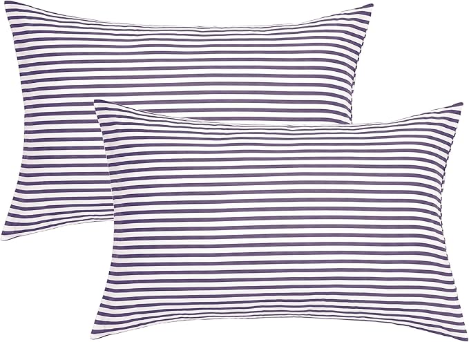 JELLYMONI 100% Natural Cotton Striped King Pillowcases Set, 2 Pack White and Purple Stripes Pattern Printed Pillow Covers with Envelope Closure(Pillows are not Included)