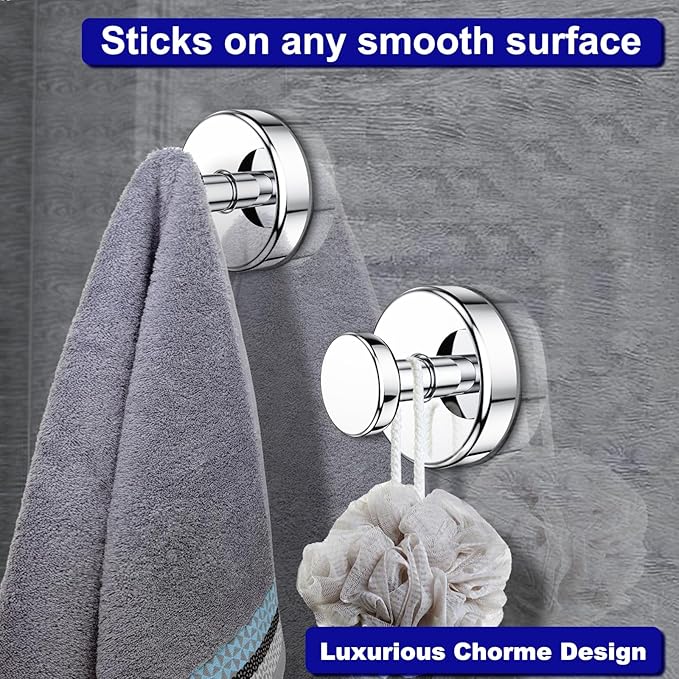 Suction Cup Hooks for Shower, Removable Towel Hooks for Bathroom Window Glass Door Wall, Bath Robe Looafh Hook for Hanging - 4 Pack, Chrome