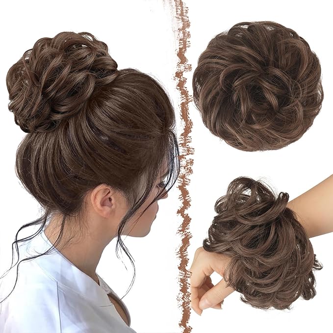 FESHFEN Messy Bun Hair Piece - Large Elastic Wavy Curly Hair Bun Scrunchies Ponytail Extensions Synthetic Chignon Hairpieces for Women, Brunette Brown 1.94oz