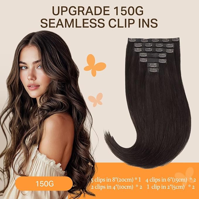 DOORES Invisible Edge Clip in Hair Extensions, Dark Brown 130g 9pcs 14 Inch, Clip in Extensions Virgin Weft for Women Silky Straight Weft