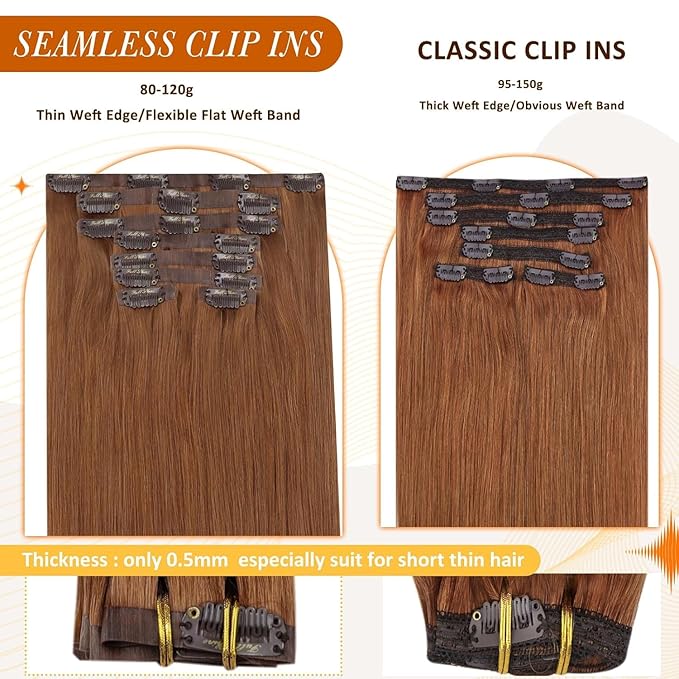 Full Shine Copper Red Clip in Hair Extensions 16 Inch Real Human Hair Natural Straight Pu Weft Auburn Brown Brazilian Hair Clips Healthy Ends 8 Pcs 120 Grams