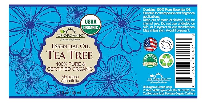US Organic 100% Pure Tea Tree Essential Oil, Steam Distilled, USDA Certified Organic, for Hair, Skin, Scalp, Foot, Toenails, and More. Sourced from South Africa, Undiluted, Non-GMO (30 ml)