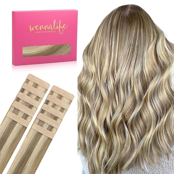 WENNALIFE Tape in Hair Extensions Human Hair Ash Brown with Platinum Blonde Highlights Tape in Extensions, 10pcs 30g 20 inch Remy Invisible Tape Ins Straight Colored Soft Refill Set