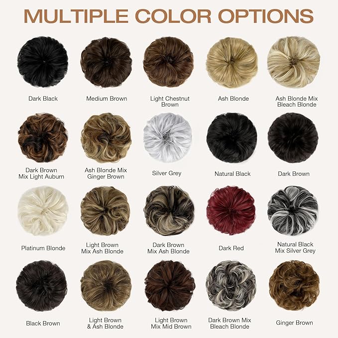 Messy Bun Hair Piece Wavy Curly Scrunchies Fluffy Donut Thick Updo Elegant Chignon Hairpieces for Women Girls, Black Brown Mix Bleach Blonde 1.4oz