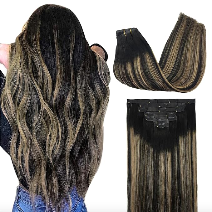 GOO GOO Clip in Hair Extensions Real Human Hair, Remy Human Hair Extensions Clip ins for Women, Natural Human Hair, 12inch 85g 7Pcs, #1B/6/1B Balayage Natural Black to Chestnut Brown