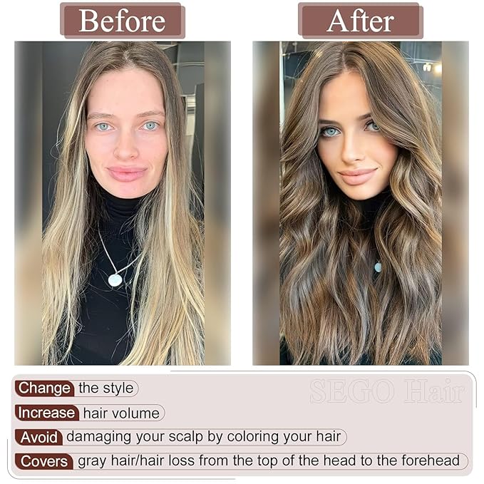 SEGO Real Human Hair Topper for Women without Bangs, Hair Topper with Anti-Slip Clips (16 Inches Ash Blonde Mix Bleach Blonde)