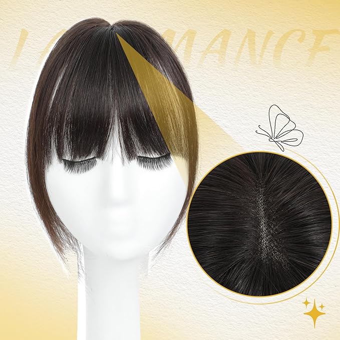 100% Real Human Hair Topper for Women Human Hair Bangs for Women 10 inch Dark Brown Hair Hoppers Clip in Bangs Swiss Base Hairpieces for Thinning Hair#2