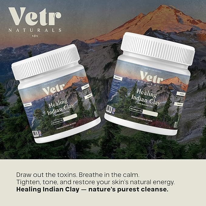 vetr Naturals Healing Indian Clay - Organic Natural Bentonite Clay 1 lb - Deep Pore Cleansing Facial, Hair & Body Mask - 100% Pure Calcium Bentonite for Detox & Skin Care