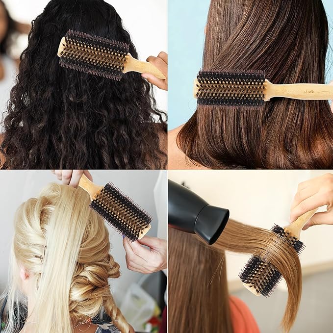 Vista Round Hair Brush with 10mm Boar Bristle 15mm Nylon Bristle Hairbrushes for Women Bamboo Hair Brush Styling with Tail Comb for Blow Drying, Shiny, Smooth, Long, Curly Hair