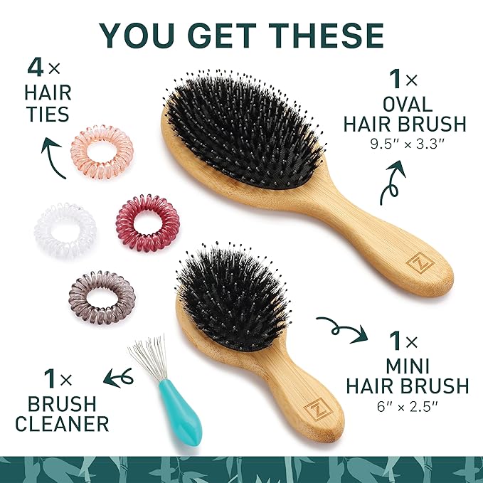 Natural Boar Bristle Hair Brush & Mini Hair Brush Set for Women, Men, Kids; Dry and Wet Detangling Hair Brush Gently Enhances Shine, Great for travel or to keep in your bag