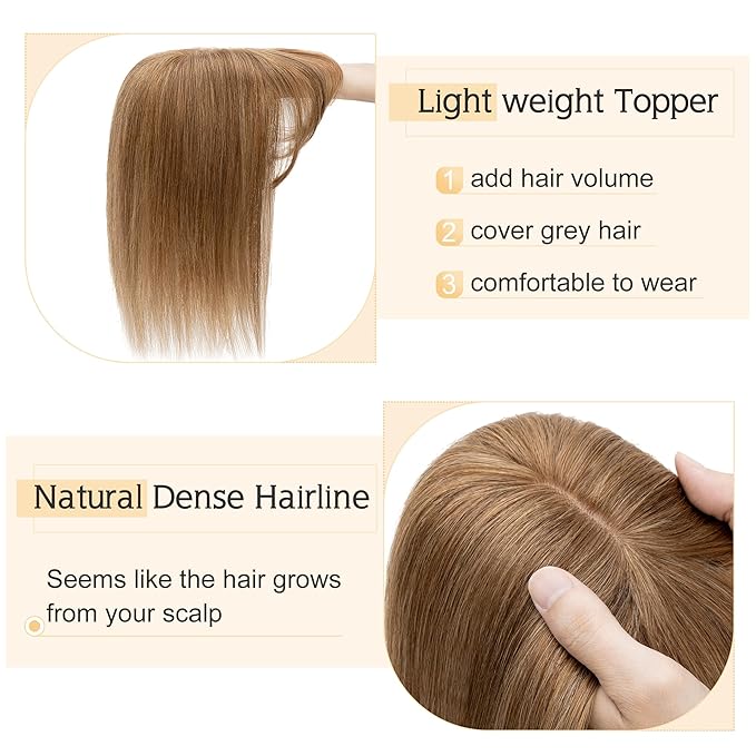 SEGO Hair Toppers for Women Real Human Hair With Bangs, 7 * 13CM Silk Base 100% Remy Human Hair Clip in Top Wiglet Hairpieces Add Volume -8 Inch Light Brown