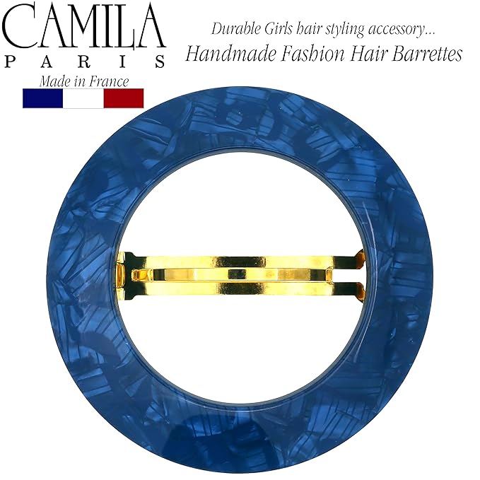 Camila Paris CP3257 French Hair Barrette Clip for Girls, Round Handmade Blue, Strong Hold Grip Hair Clips for Women, No Slip and Durable Styling Girls Hair Accessories, Made in France