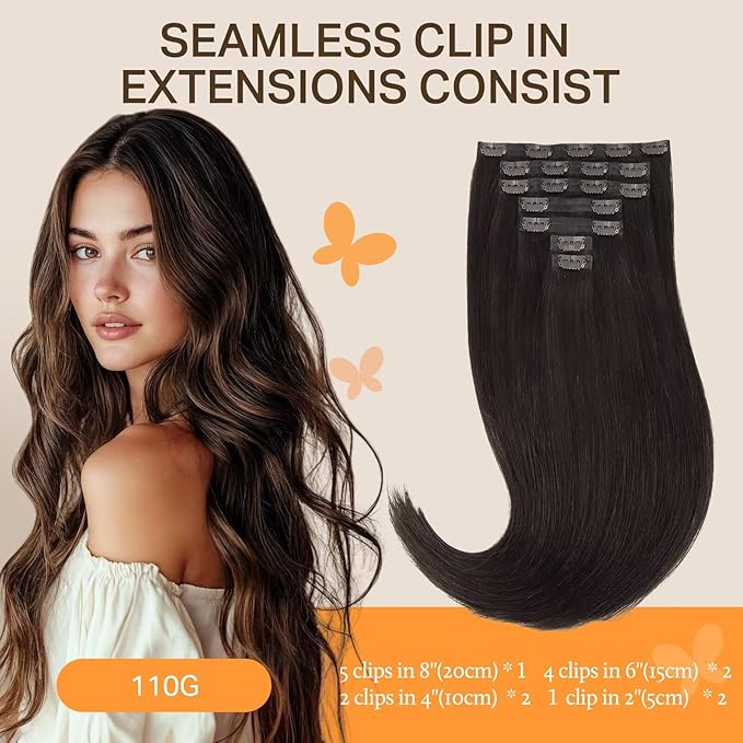 DOORES Seamless Clip-in Human Hair Extensions, Dark Brown 20 Inch 7pcs 110g, Invisi Edge Straight Hair Extensions with Skin Weft