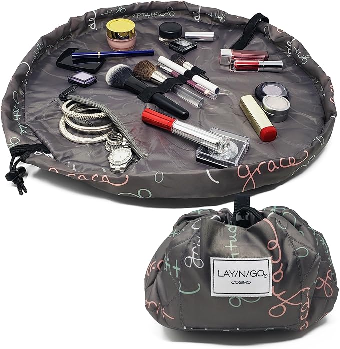Lay-n-Go Cosmo Drawstring Cosmetic & Makeup Bag Organizer - Portable Drawstring Makeup Bag w/Zipper Pocket & More - Durable, Machine Washable Toiletry Bag for Travel (20", Grit Grace Gratitude)