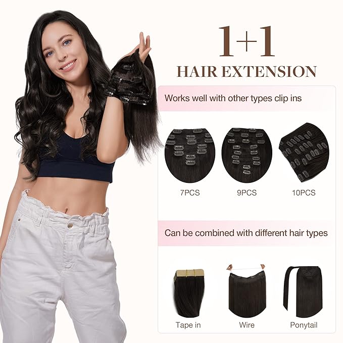 GOO GOO Clip in Hair Extensions Real Human Hair, Remy Human Hair Extensions Clip ins for Women, Natural Human Hair, 14inch 60g 4Pcs, 2 Dark Brown