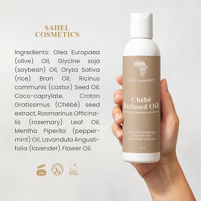 Sahel cosmetics Chebe Infused Oil, Natural Hair Strengthening Nourishment to minimize breakage and promote length retention (4 oz)