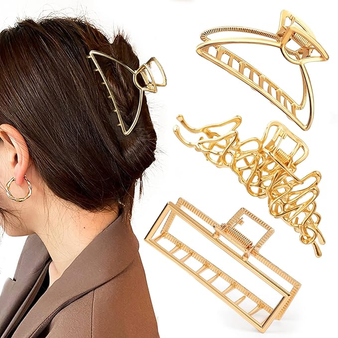Mehayi 3 PCS Large Gold Metal Hair Claw Clips for Women Girls, Cute Alloy Big Hair Clamps Strong Hold for Thick Thin Hair, Fashion Hair Accessories Headwear Styling Tools for Party Wedding