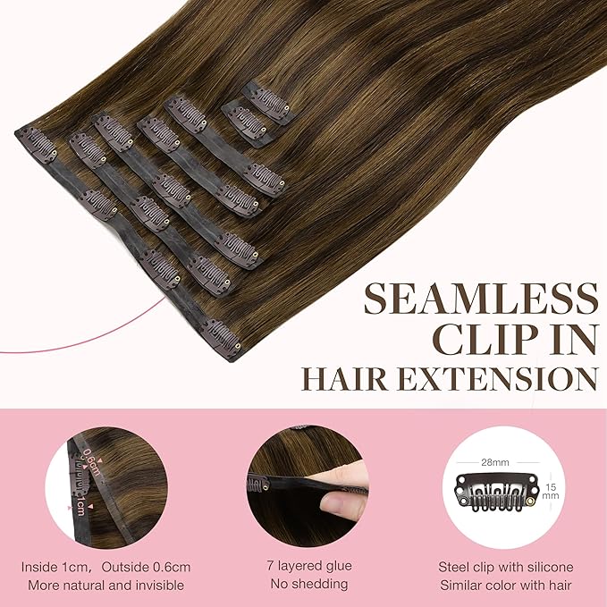 GOO GOO Clip in Hair Extensions Real Human Hair, Remy Human Hair Extensions Clip ins for Women, Natural Human Hair, 14inch 110g 7Pcs, 2C/4E/6C Brown Sugar Swirl Highlights