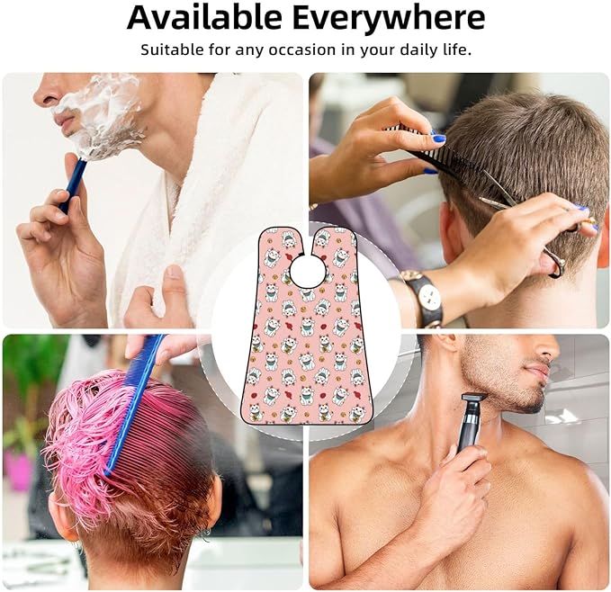 Beard Bib Apron for Men Shaving, Waterproof Non-Stick Hair Catcher with Suction Cups, Grooming Essential for Dad Husband, Japanese Cute Lucky Cat Pink Shave Bib