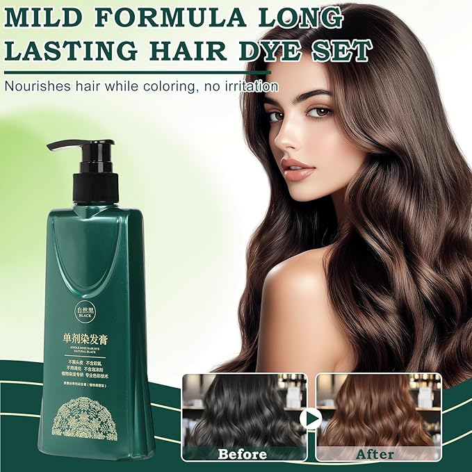 Mild Formula Long Lasting Hair Dye Set, Hair Color for Gray Coverage, Natural plant extracts, Long-Lasting Single Step Hair Dye with Nourishing Shampoo (Dark Brown)