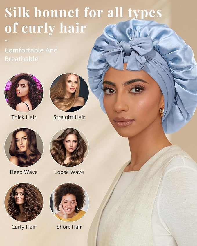 AWAYTR Silk Bonnet for Sleeping Women 100% Mulberry Silk Bonnet with Band 2 Layer Reversible Hair Bonnet Sleeping Hair Wrap (Silk, Haze blue/Sky blue)