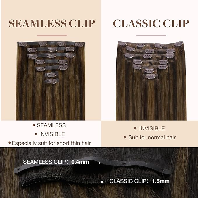 GOO GOO Clip in Hair Extensions Real Human Hair, Remy Human Hair Extensions Clip ins for Women, Natural Human Hair, 14inch 110g 7Pcs, 2C/4E/6C Brown Sugar Swirl Highlights